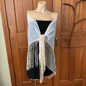 Shear cream Chiffon  triangle shawl, with hand knotted beige Fringe.